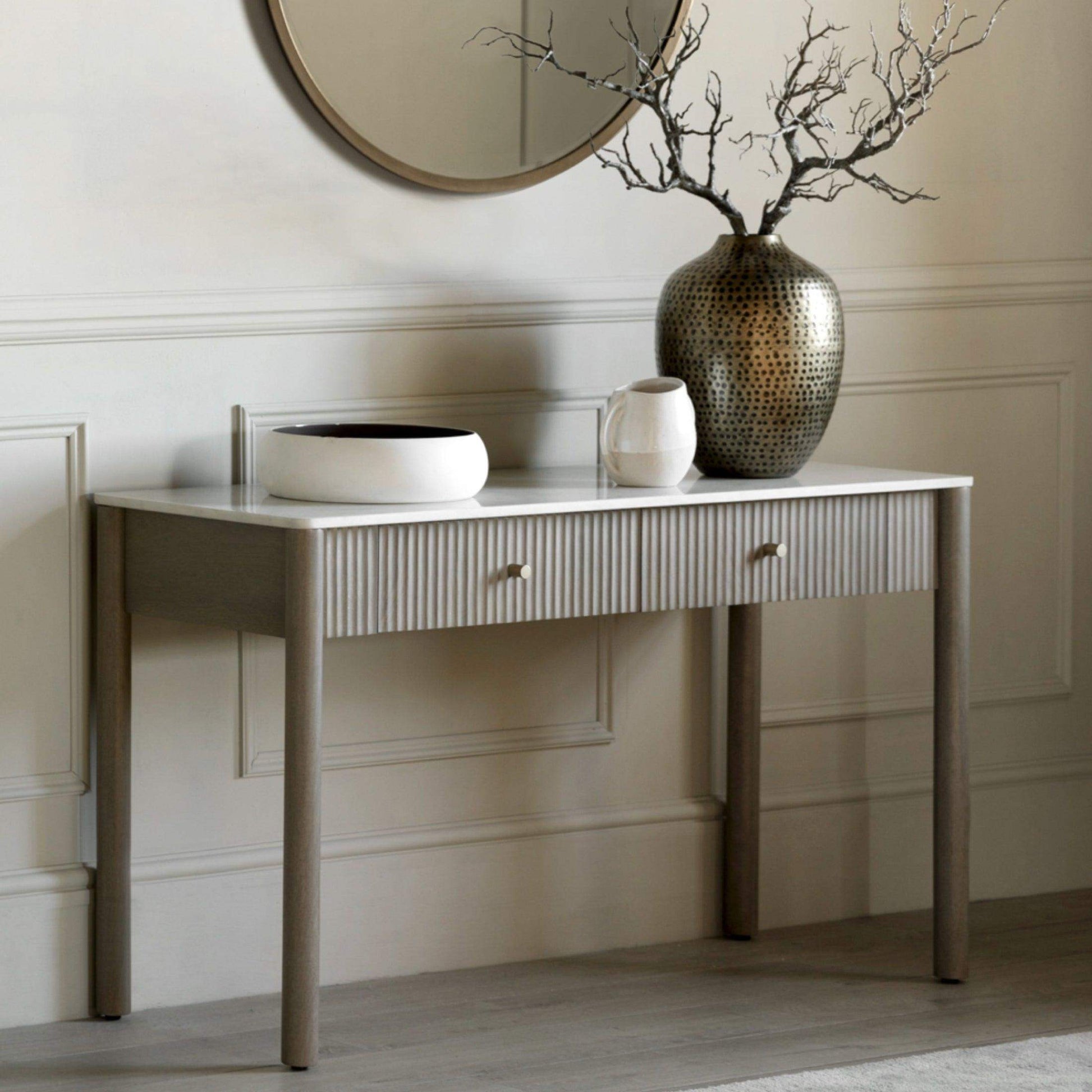 Ribbed Mango Wood & Carrera Marble Top Console Table - The Farthing