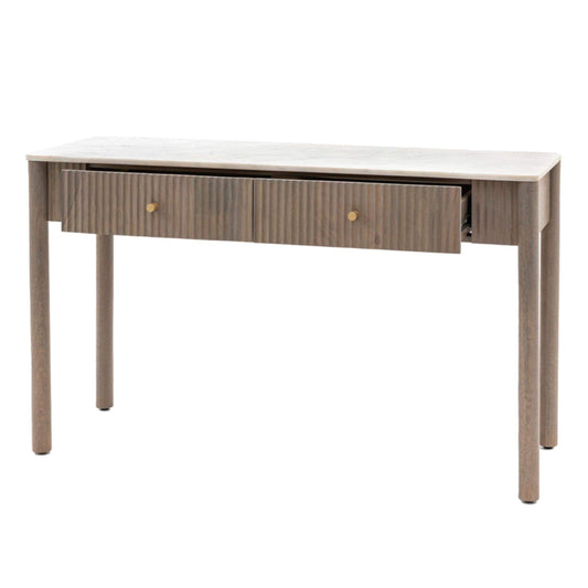 Ribbed Mango Wood & Carrera Marble Top Console Table - The Farthing