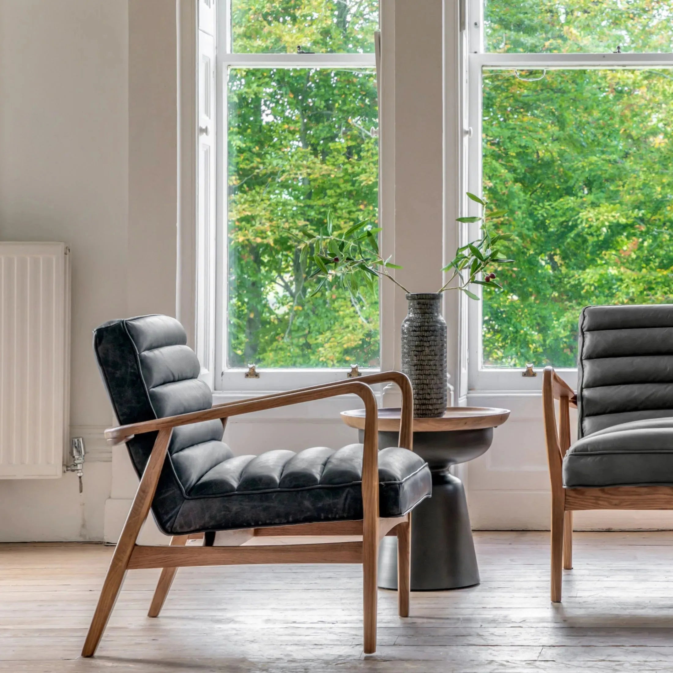 Ribbed Vintage Ebony Black Leather Arm Chair