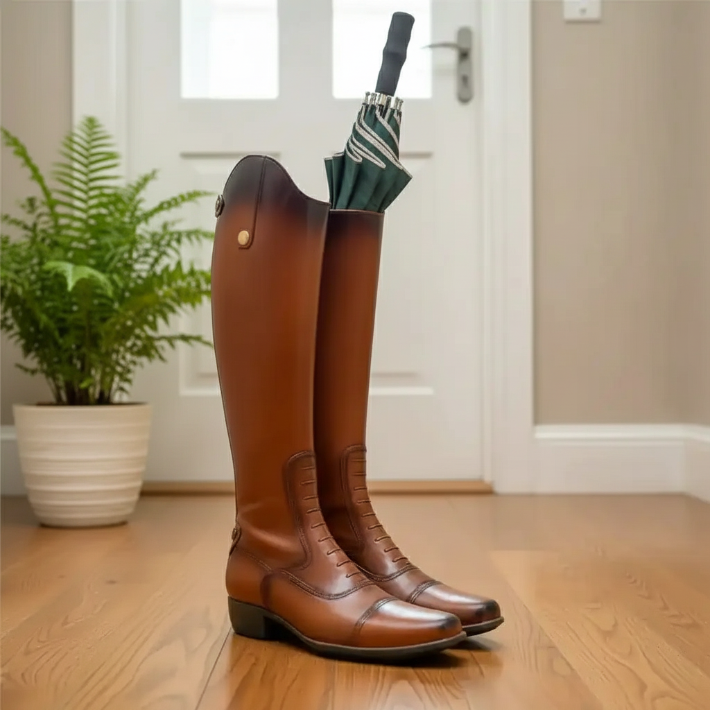 Brown riding boots with a green umbrella inside, placed on a wooden floor.