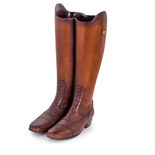 Pair of brown leather knee-high boots on a white background