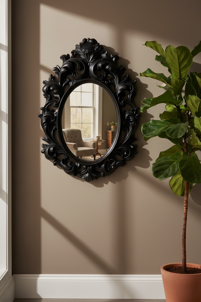 Rococo Aged Black Oval Wall Mirror 4