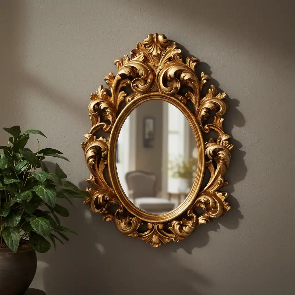 Decorative gold mirror with intricate designs on a wall next to a plant.