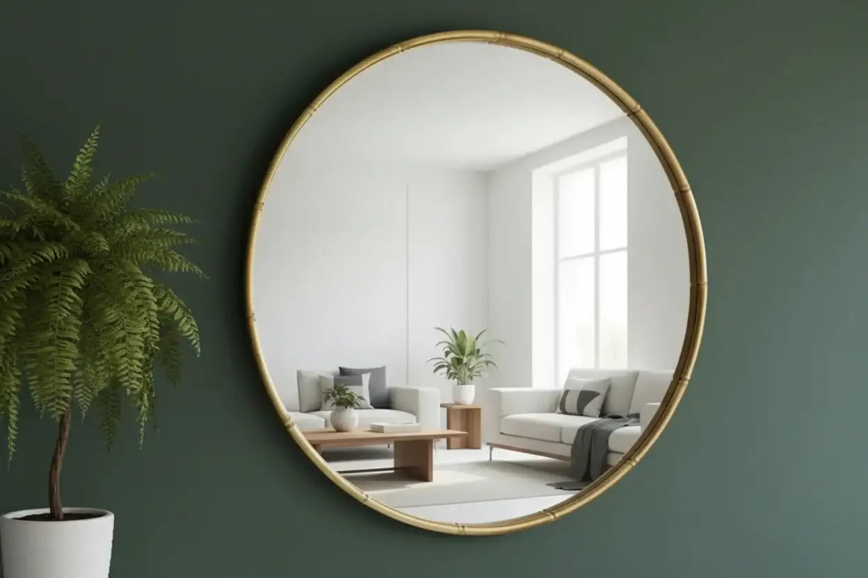 Round mirror with gold frame on a green wall reflecting a living room.