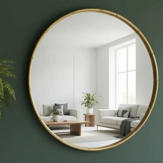 Round mirror with gold frame reflecting a living room with a sofa and coffee table.