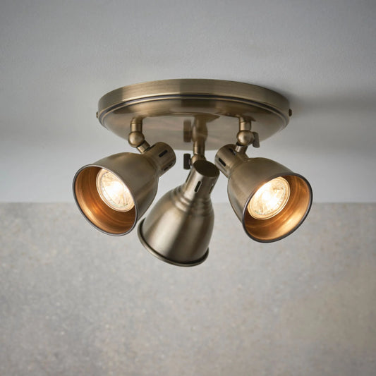 Round Antiqued Brass 3 Spot Ceiling Light