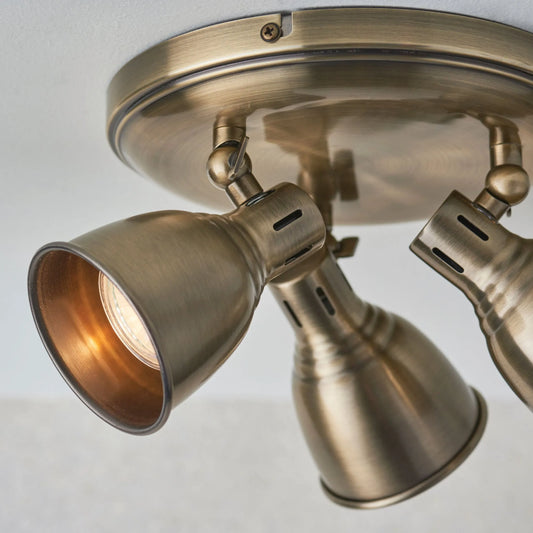 Round Antiqued Brass 3 Spot Ceiling Light 5