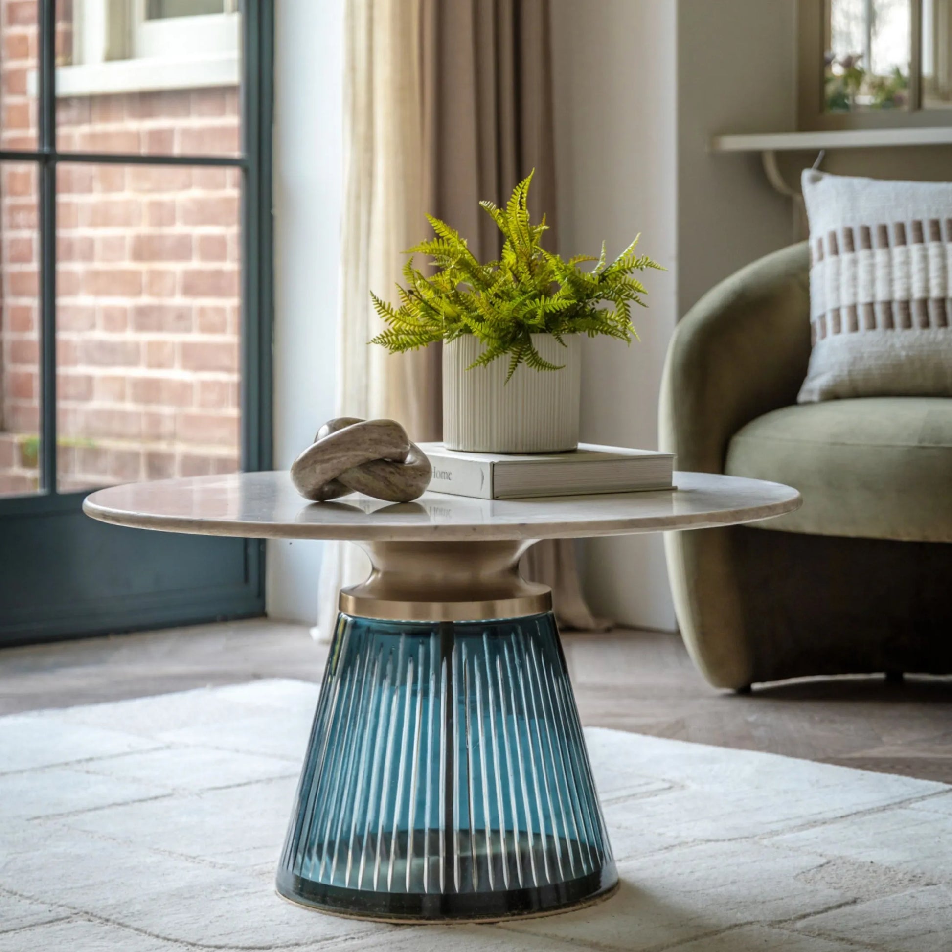 Round Blue Glass Base Marble Topped Coffee Table