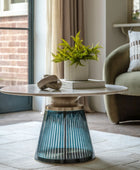 Round Blue Glass Base Marble Topped Coffee Table