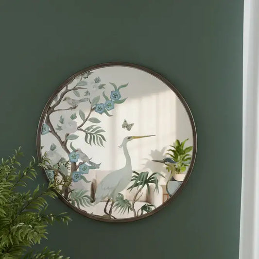 Decorative round mirror with nature-themed design on a green wall