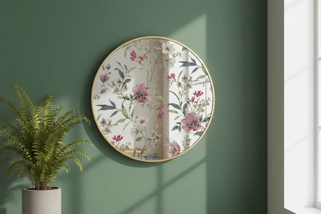 Round floral mirror with gold frame on a green wall next to a potted plant.