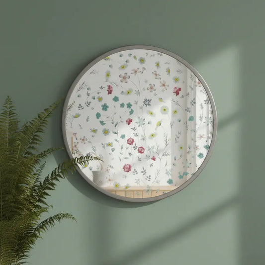 Round mirror with floral pattern on a green wall next to a plant