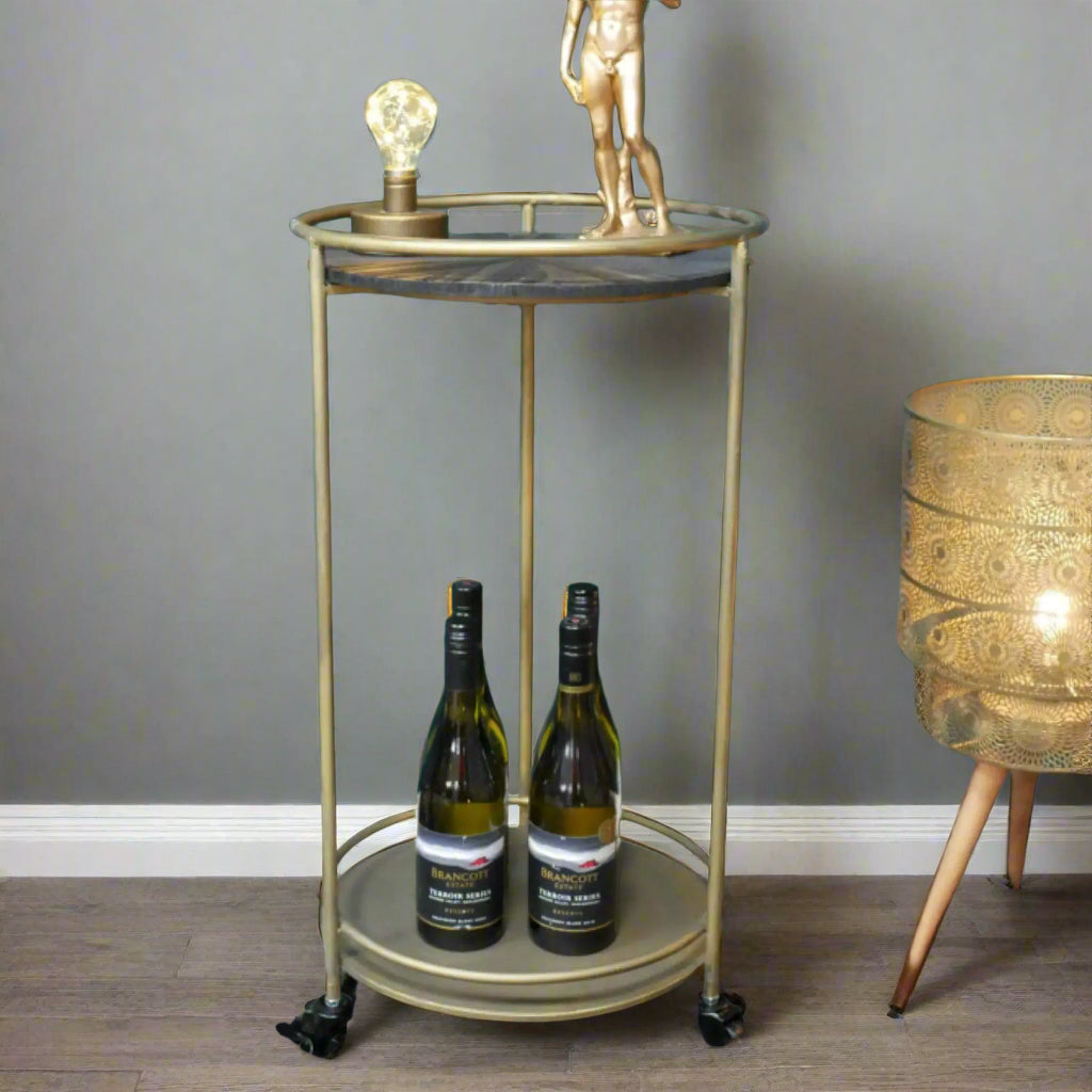 Round Gold Drinks Trolley on Wheels - The Farthing