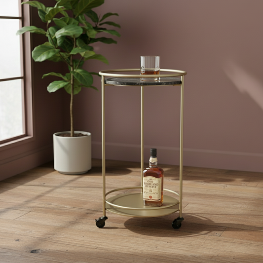 Round Gold Drinks Trolley on Wheels