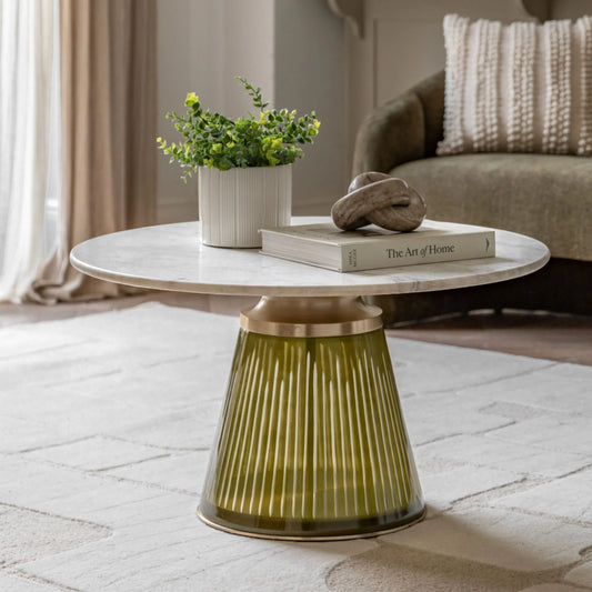 Round Green Glass Base Marble Topped Coffee Table 3