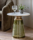 Round Green Glass Base Marble Topped Side Table