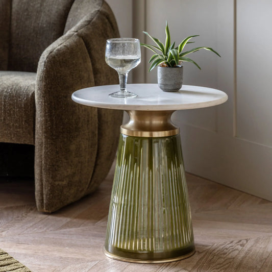 Round Green Glass Base Marble Topped Side Table