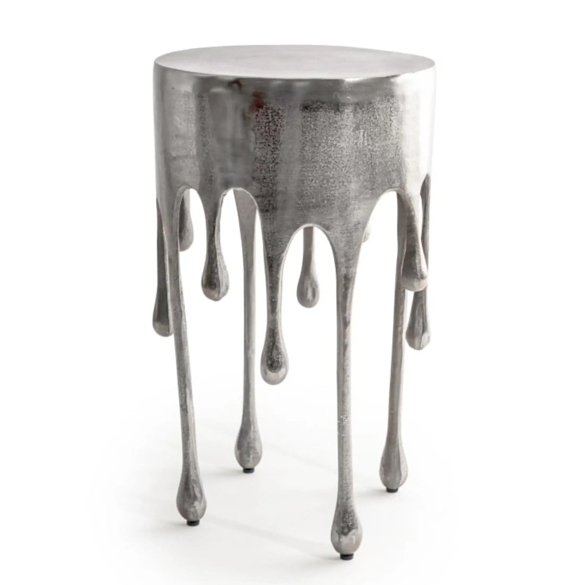 Metallic silver side table with a unique design on a white background