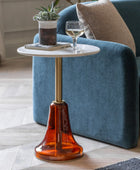 Round Orange Glass Base Marble Topped Side Table