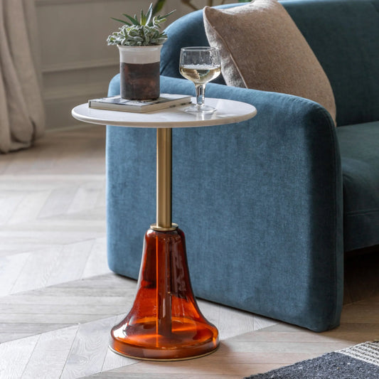 Round Orange Glass Base Marble Topped Side Table