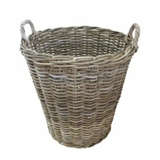 Wicker laundry basket with handles on a white background