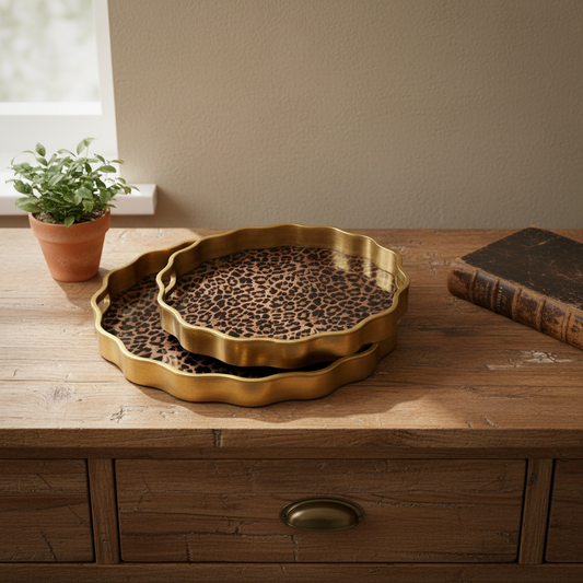 Round Wavy Edge Leopard Print Tray Set
