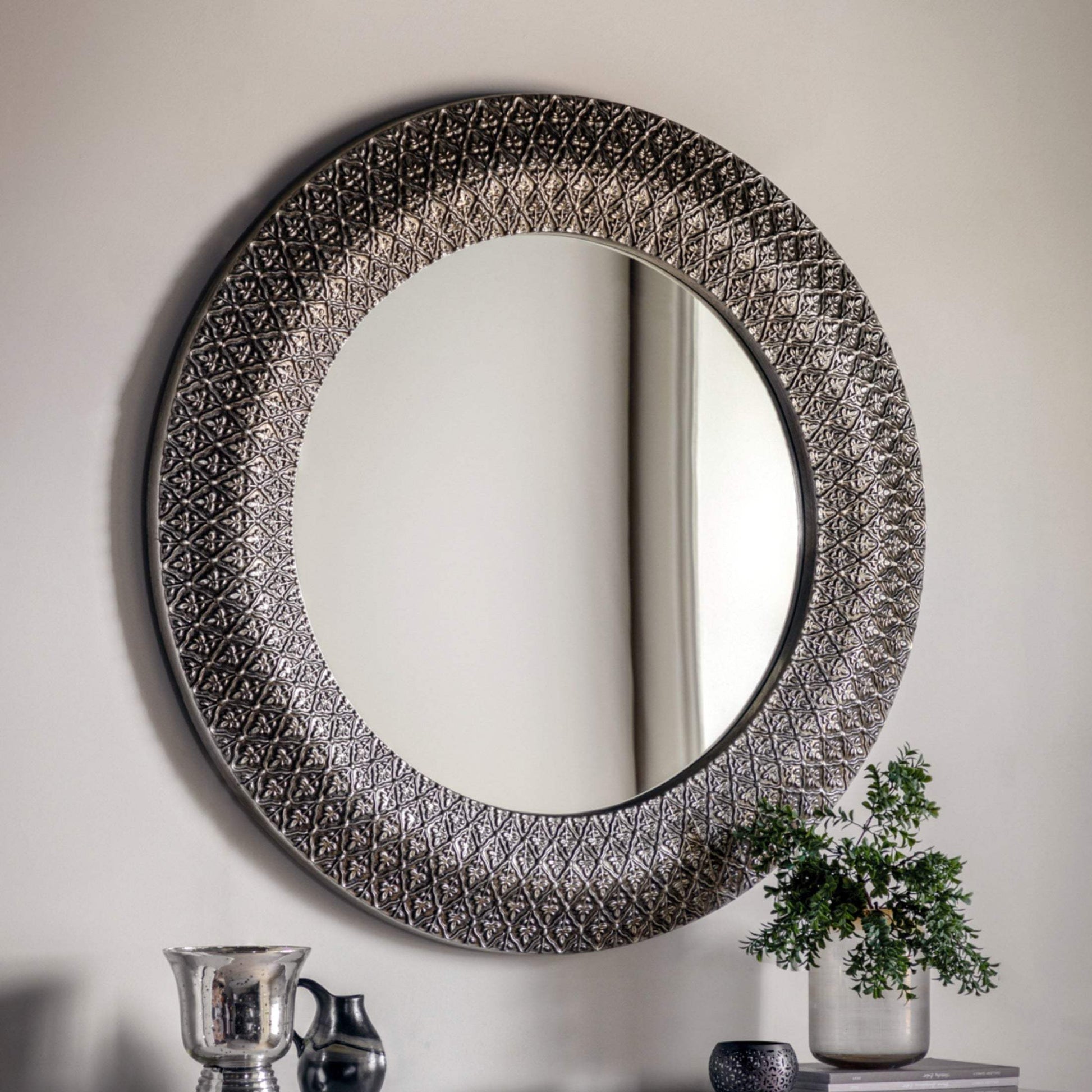 Round Antique Silver Patterned Wall Mirror - The Farthing