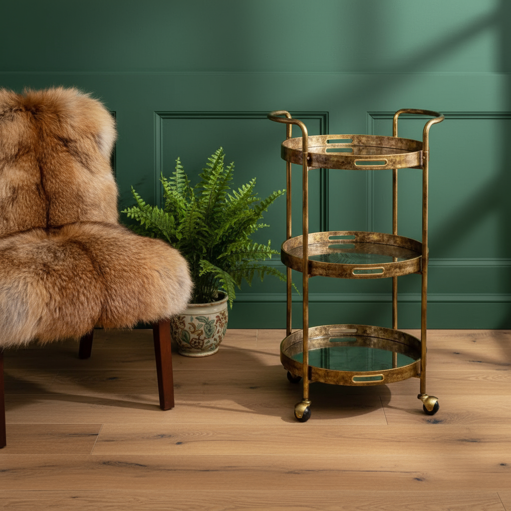 Gold bar cart next to a fur chair and potted plant against a green wall.