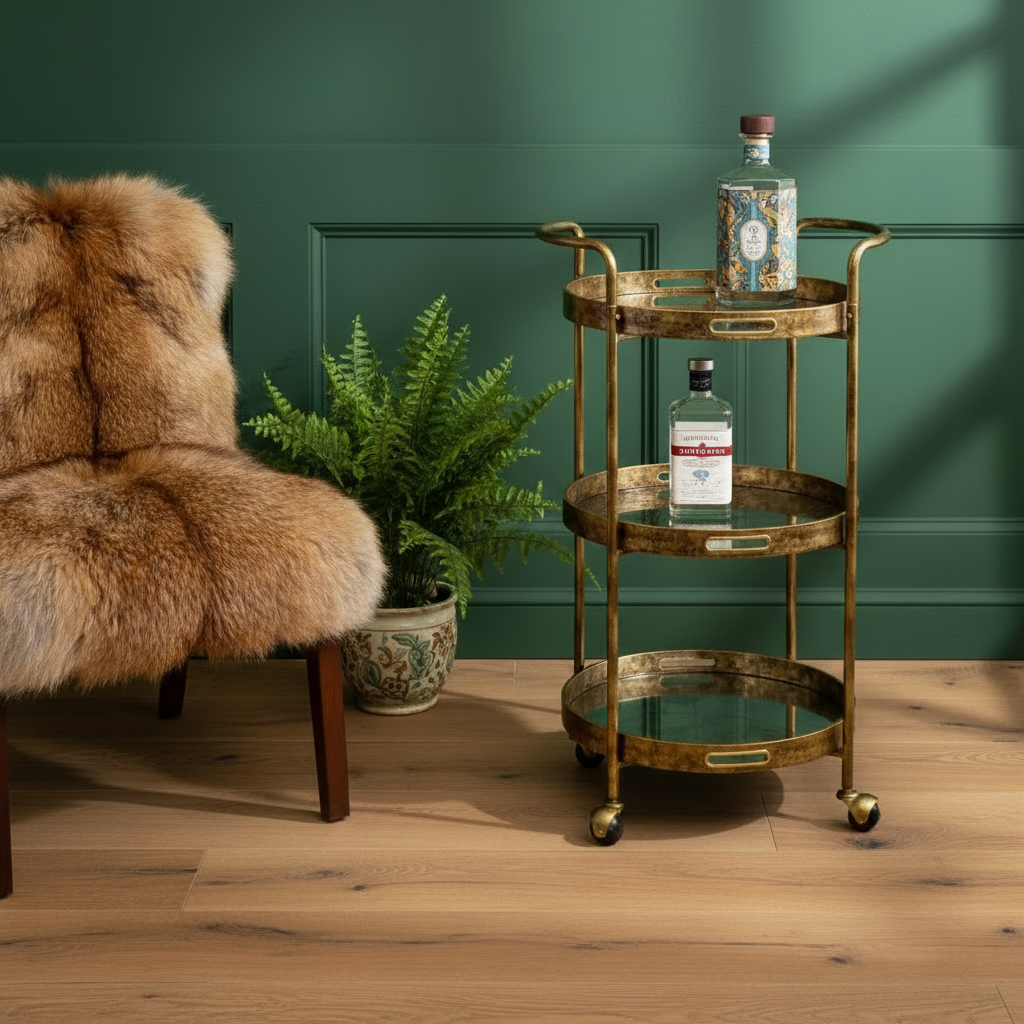 Gold bar cart with bottles in a room with a green wall and fur chair.