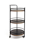 Three-tiered metal serving cart with wooden shelves on a white background