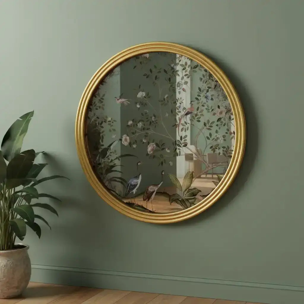 Round gold-framed mirror with floral design on a green wall