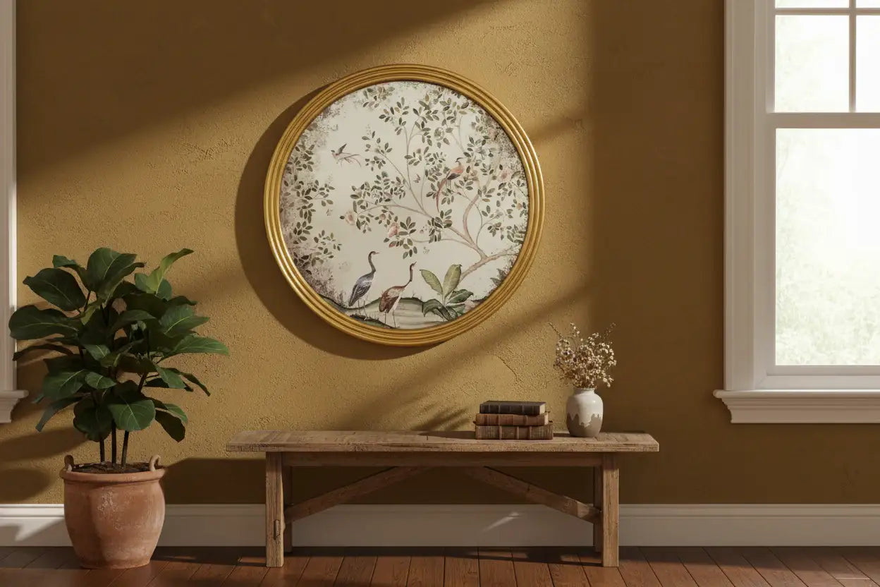 Decorative wall art with floral and bird design in a gold frame on a mustard yellow wall.