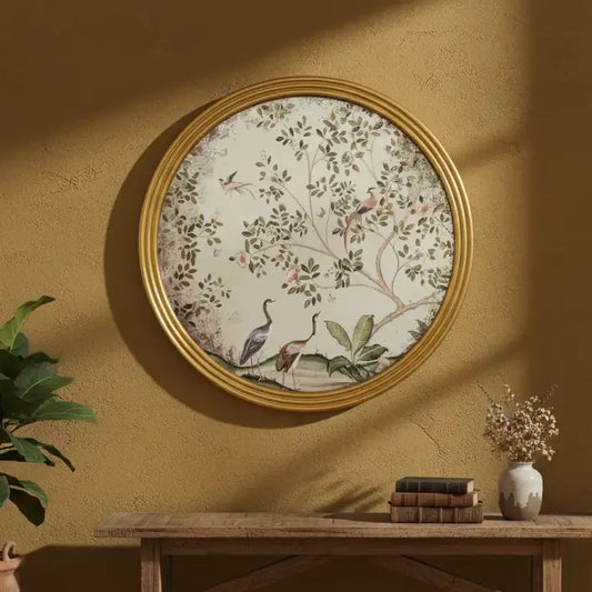Decorative wall art with floral and bird design in a gold frame on a warm-toned wall.