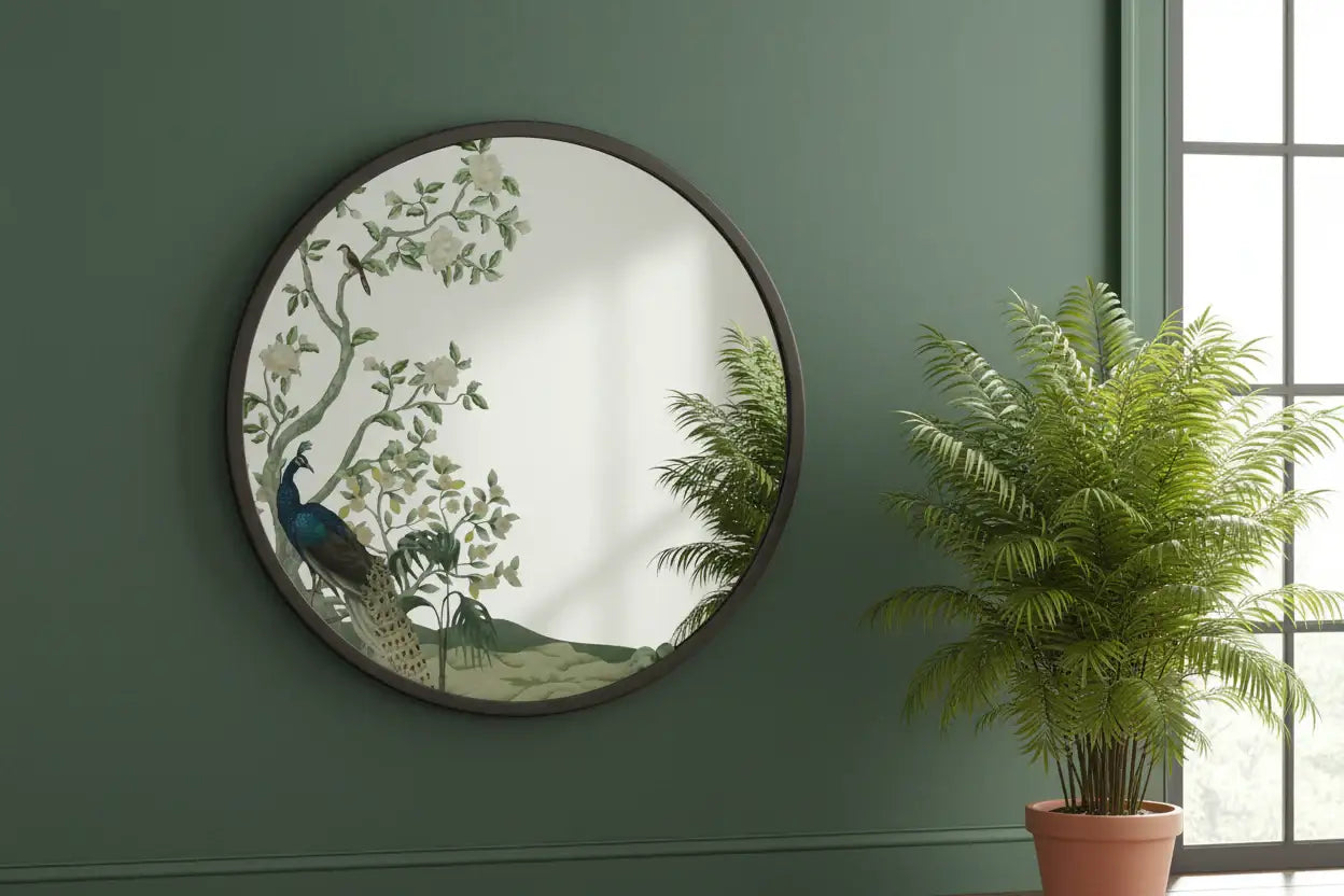 Decorative mirror with peacock design on a green wall next to a potted plant.
