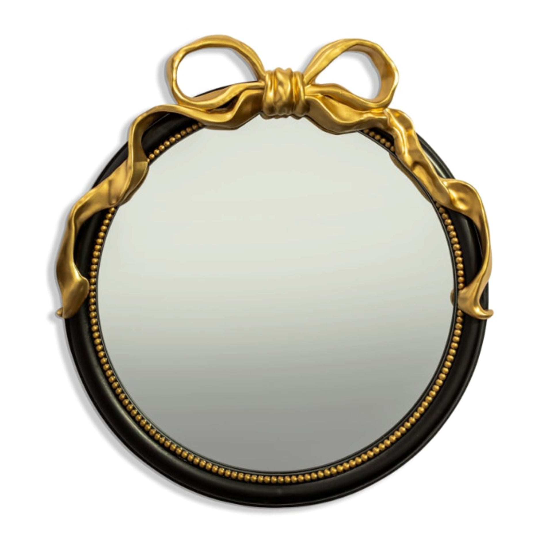 Round mirror with gold decorative bow and black frame on a white background