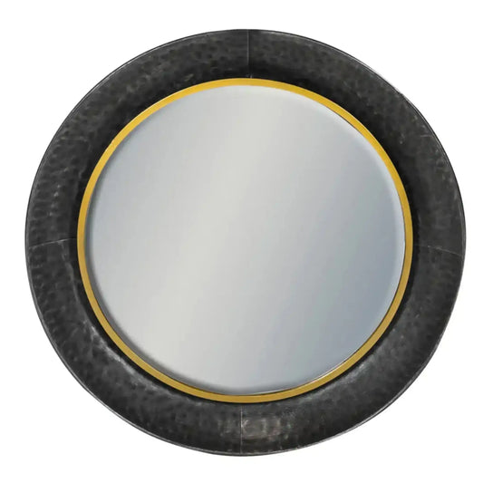 Round mirror with a black textured frame on a white background
