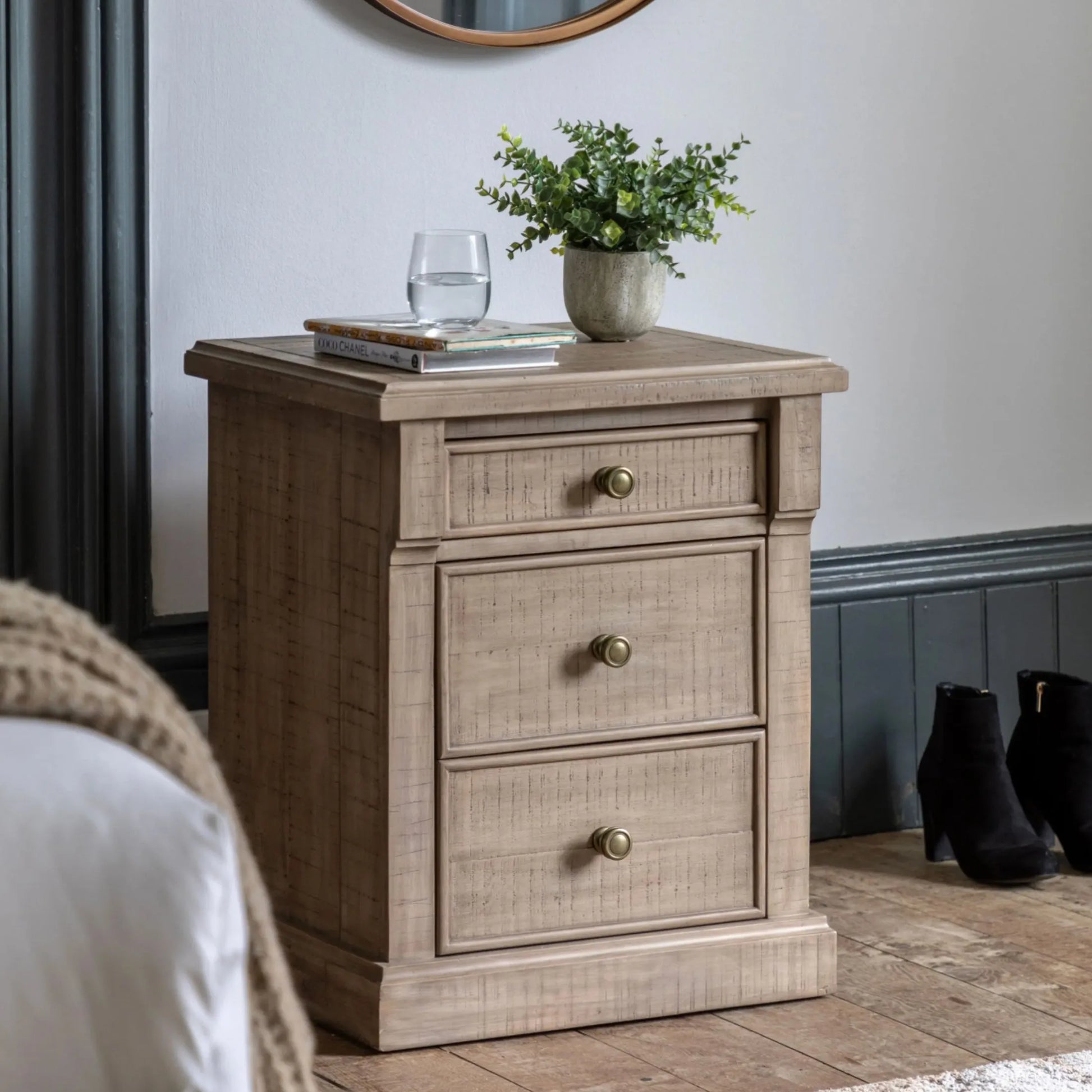 Rustic American Pine 3 Drawer Bedside Table | FARTHING 1