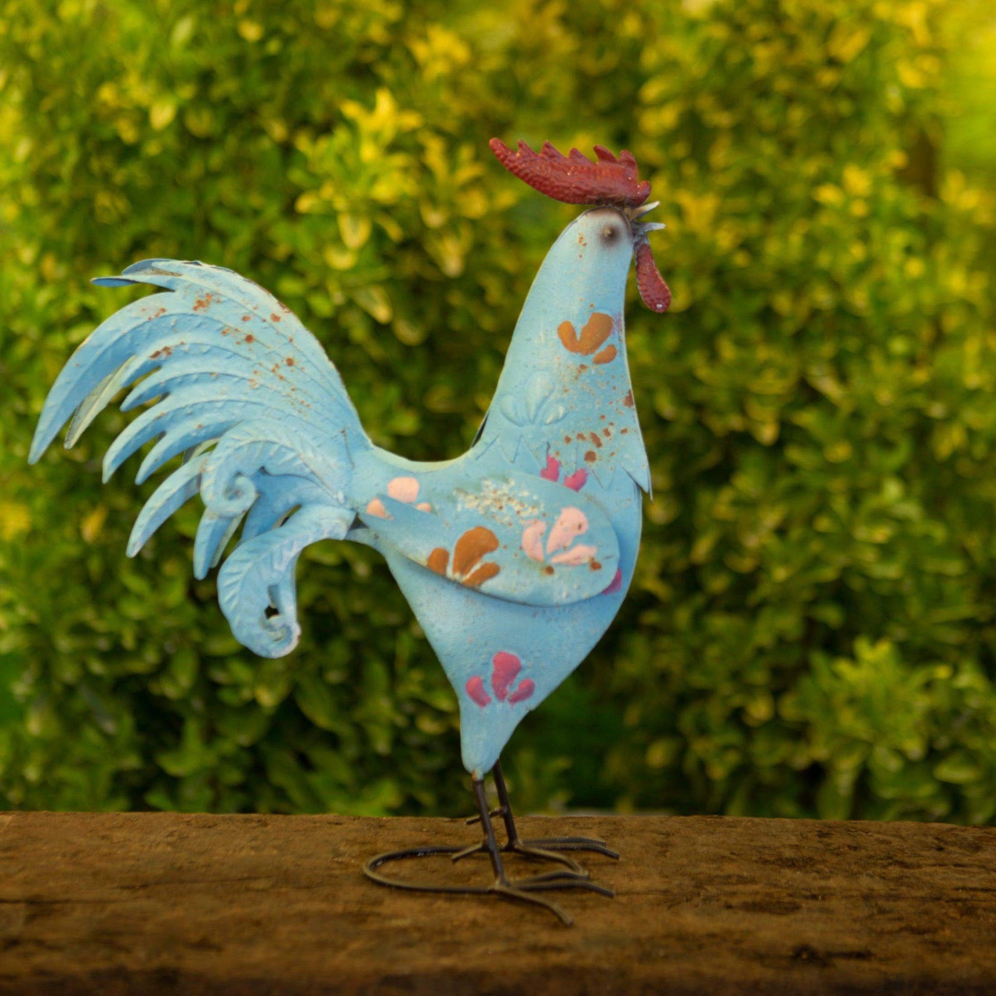 Rustic Blue Metal Cockerel Garden Ornament - The Farthing