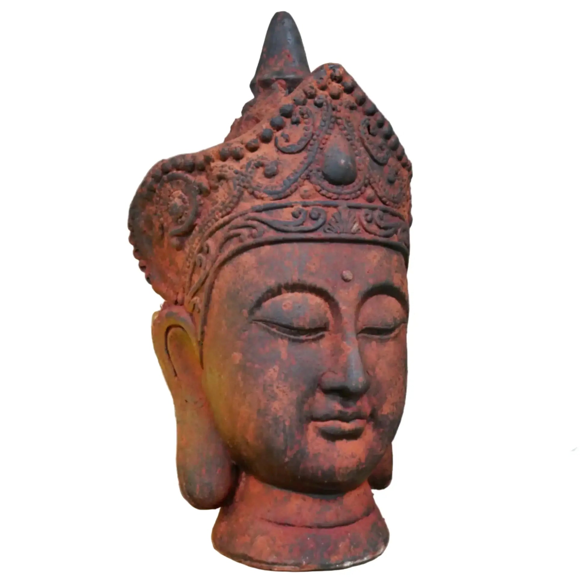Decorative Buddha head sculpture with intricate details on a white background
