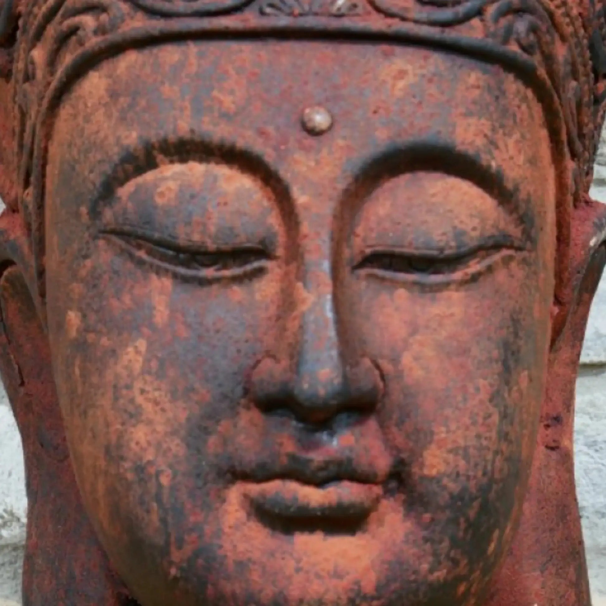 Rust-colored Buddha statue head with intricate details