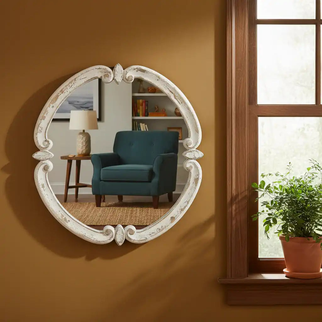 Decorative wall mirror on a brown wall with a blue armchair and window in the reflection.
