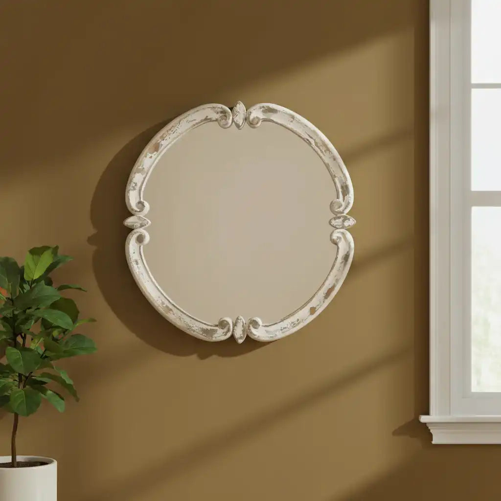 Decorative oval mirror on a beige wall with a plant and window in the background