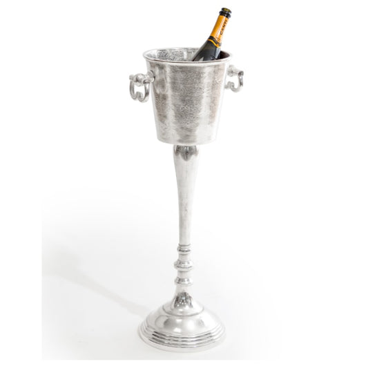 Silver wine cooler with a bottle of champagne on a white background