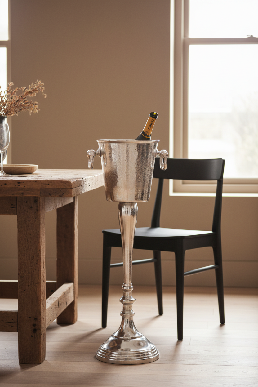 Silver ice bucket with a bottle of champagne on a wooden table in a room with a window.