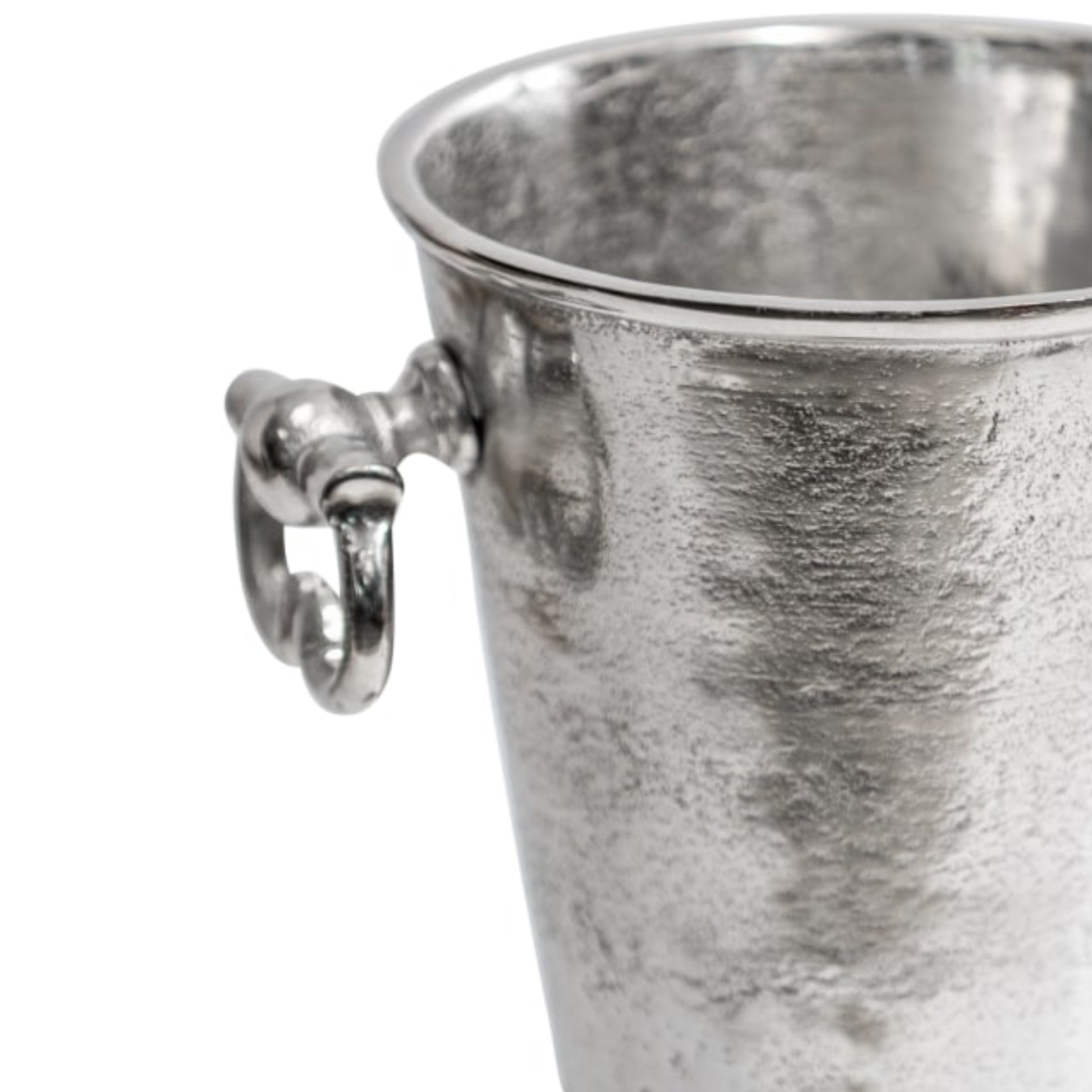 Silver wine cooler with textured surface on a white background