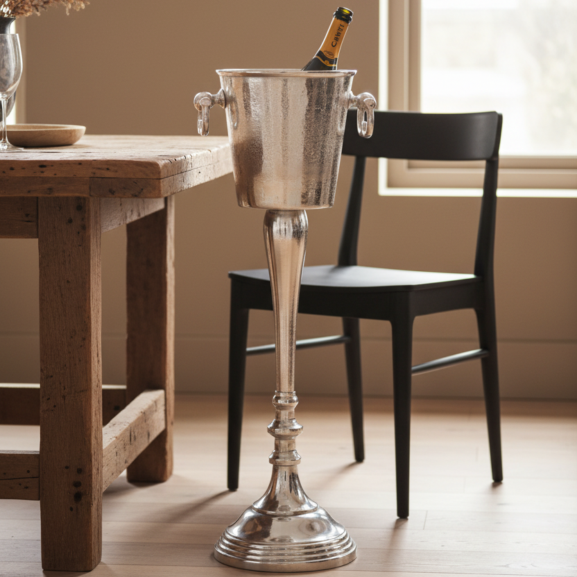 Silver champagne bucket with a bottle on a wooden table in a room with a window.
