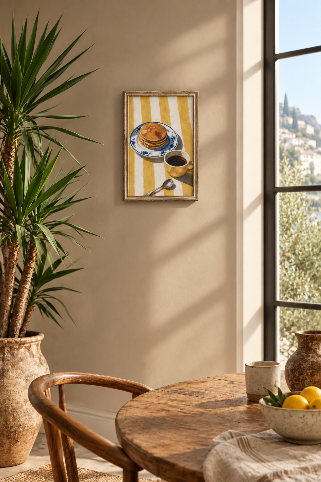 A framed art print depicting a yellow and white striped table setting with a plate of pancakes and a cup of coffee, hanging on a beige wall in a sunlit dining room next to a window and a potted plant.