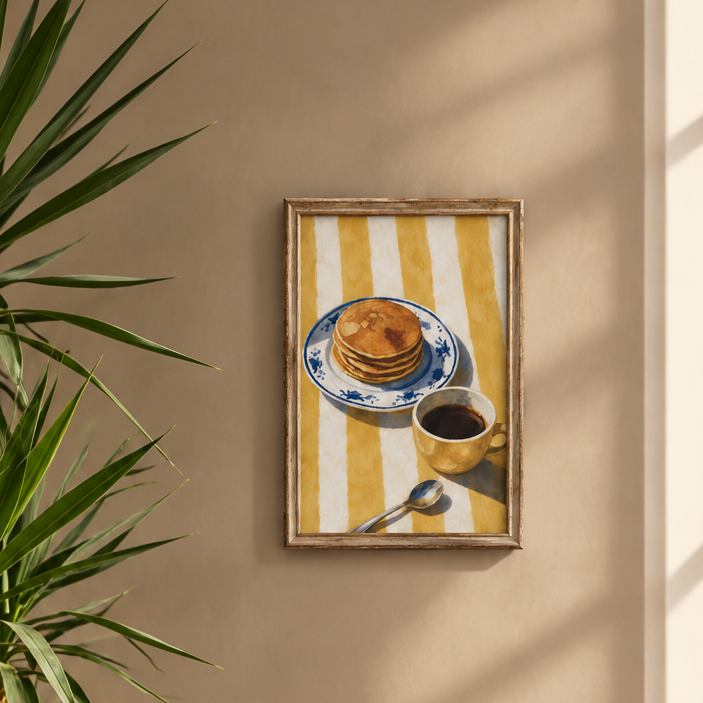 A framed art print featuring a breakfast scene with pancakes on a blue-and-white plate, a cup of coffee, and a spoon over a yellow-and-white striped background, hanging on a beige wall next to a green plant.