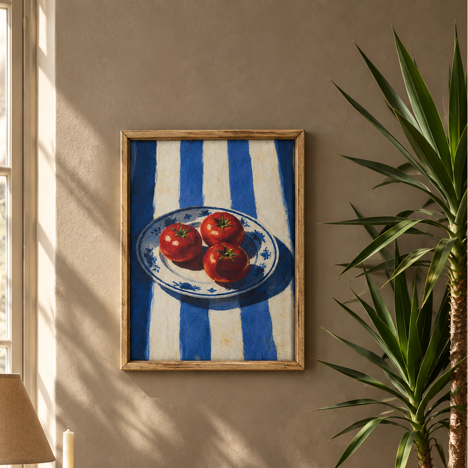 A framed art print depicting three red tomatoes on a blue and white striped plate, hung on a beige wall next to a green plant.