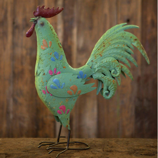 Rustic Green Metal Cockerel Garden Ornament - The Farthing